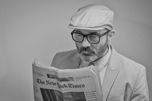 A man in a suit, wearing glasses and a cap, reads The New York Times.